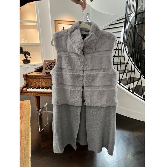 NEW LT Love Token Rabbit Fur Vest/ Sweater Jacket Coat Gray Long L - Picture 6 of 7